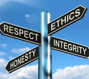 Street sign with the word Ethics, Integrity, Honesty, and Respect 